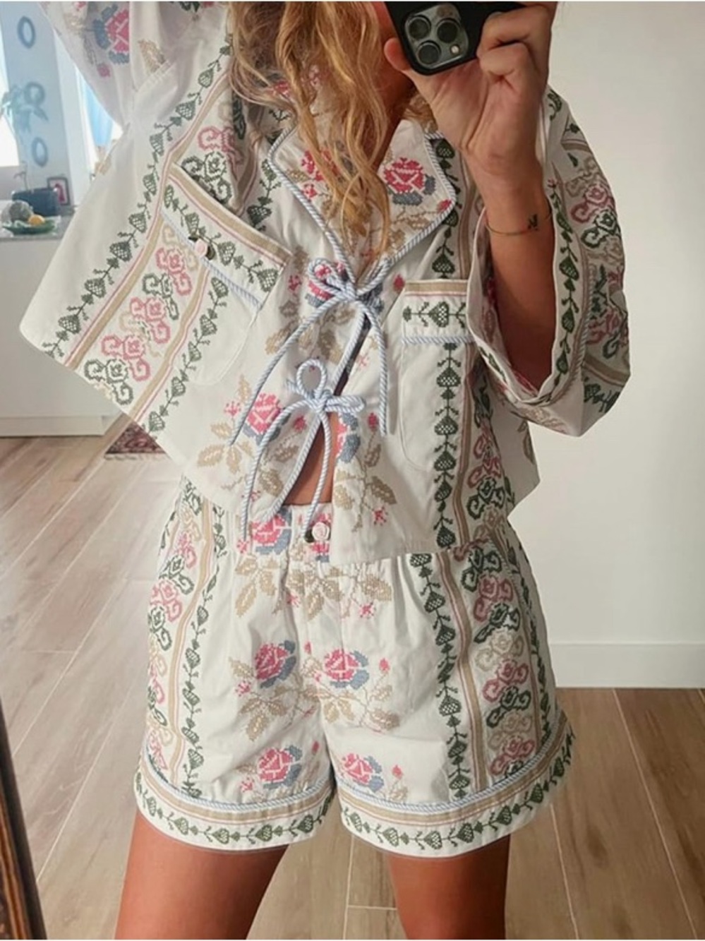 Tie-Front Patterned Pajama Set-L